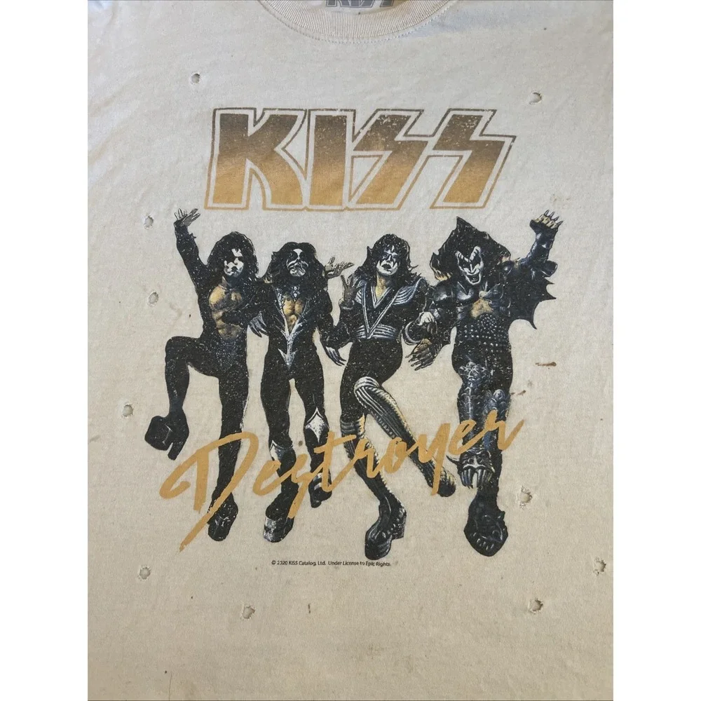 Kiss Band Destroyers Distressed Cotton Cream Band T Shirt Men's Large